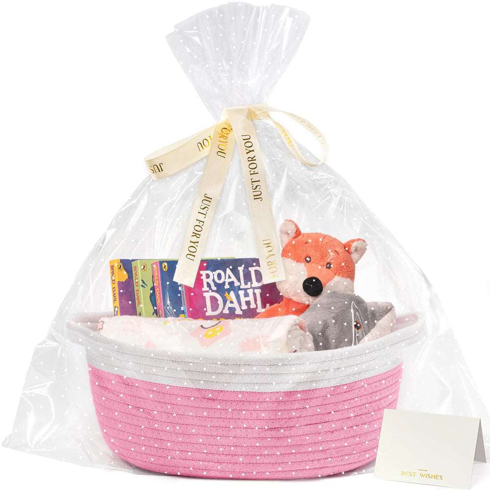 CHICVITA pink gift basket with bags and ribbons, ideal for gifting occasions.