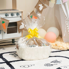 CHICVITA basket close-up shows brown leather wrap handles for easy transport.