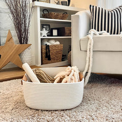 CHICVITA white woven basket in living room, keeps spaces neat and stylish