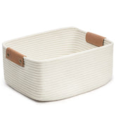 CHICVITA white woven basket with leather handles ideal for toy storage in the living room