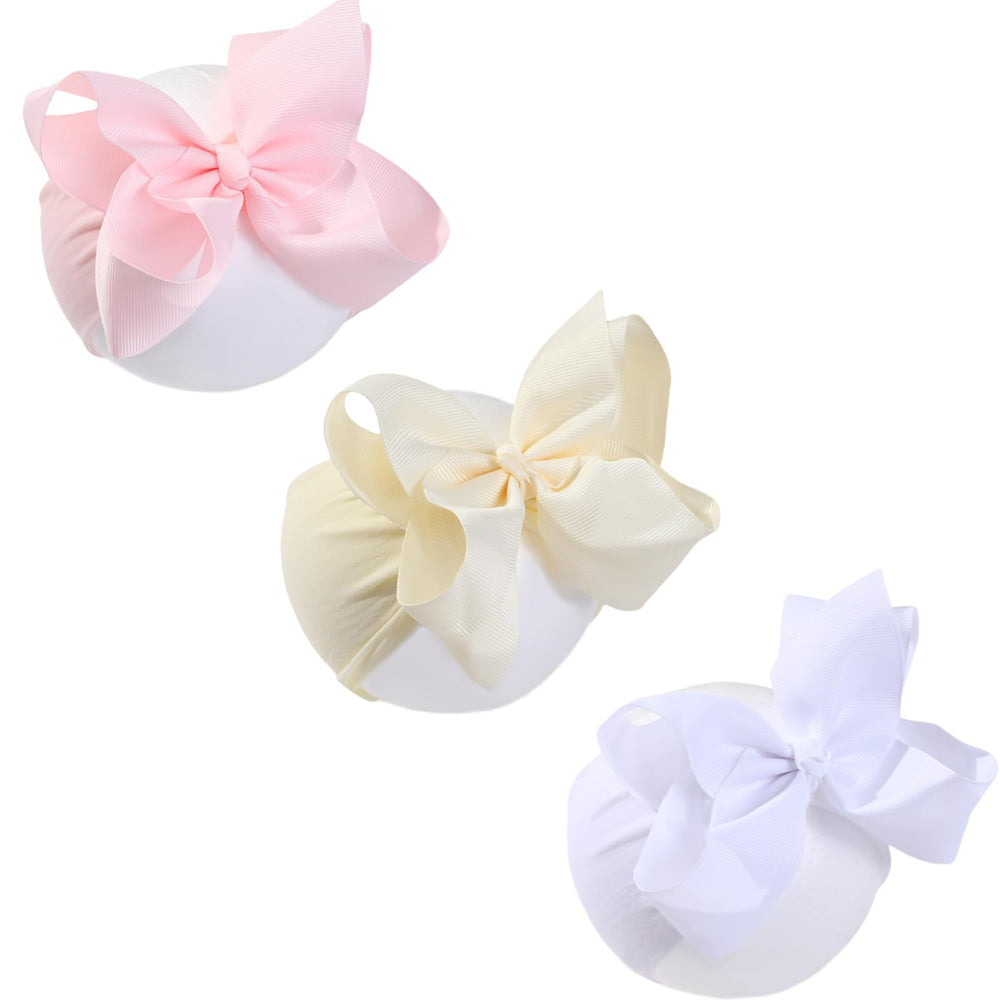 Chiduerm baby headband bows beige 6 inch on a baby girl for daily outfits.