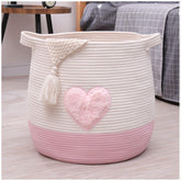 Childishness ndup large cotton rope basket with pink heart for toy storage.