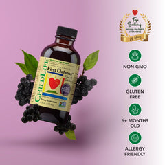 CHILDLIFE ESSENTIALS First Defense elderberry ingredient label emphasizes antioxidant-rich formula