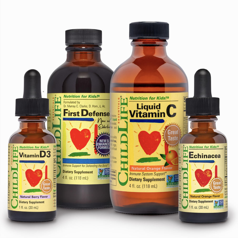 CHILDLIFE ESSENTIALS Immune Support 4-Pack bottles for kids, convenient daily dosing.