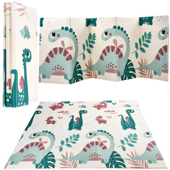CHILDLIKE BEHAVIOR baby play mat with orange dinos for tummy time on a cushioned surface