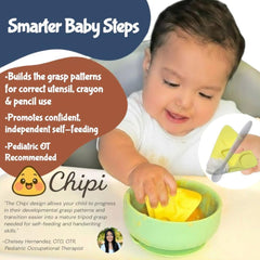 Chipi Baby Spoon held by a baby's hand showing easy grip for self-feeding.