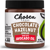 Chosen Foods chocolate hazelnut spread bottle shows creamy avocado-oil base for smooth indulgence.