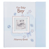 Christian Art Gifts baby boy memory book blue cover with keepsake pockets.