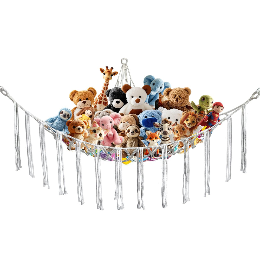 CHYODECOR stuffed animal hammock corner provides cozy plush toy storage in beige.