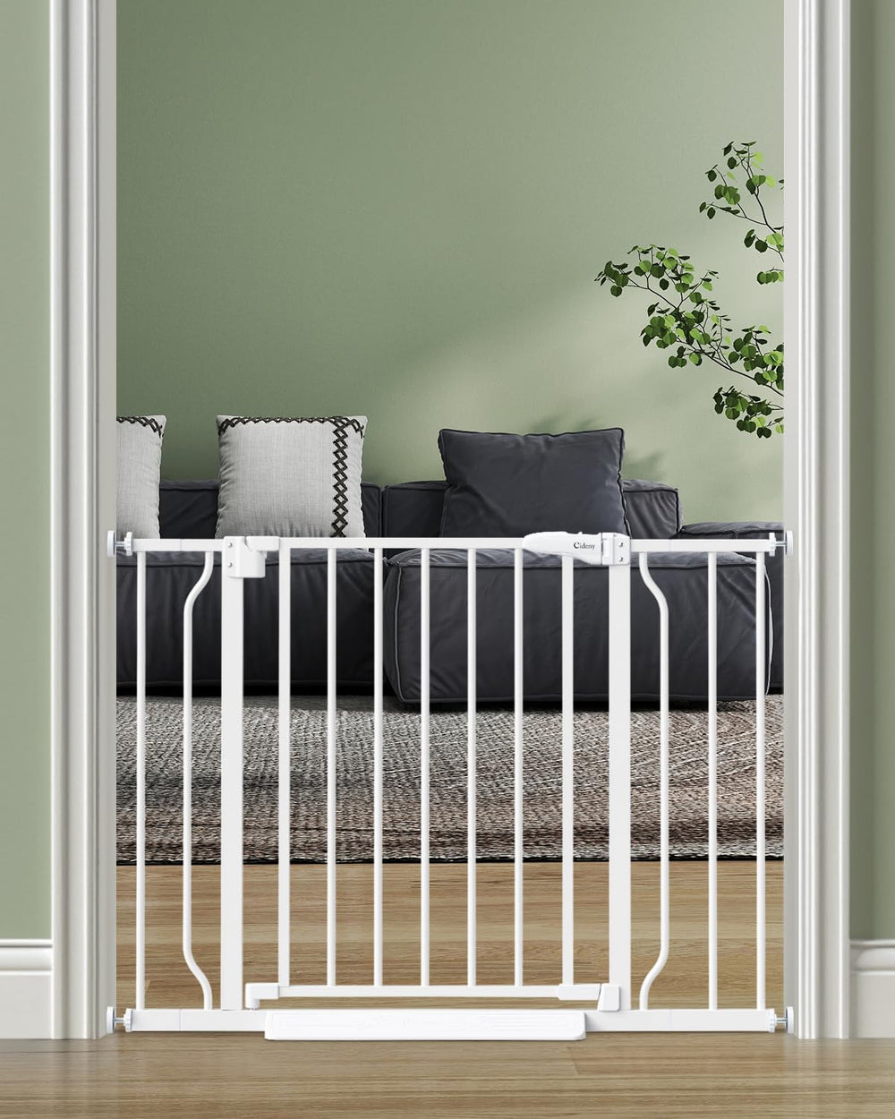 Cideny baby gate auto-close in doorway showing reliable self-closing action for safety