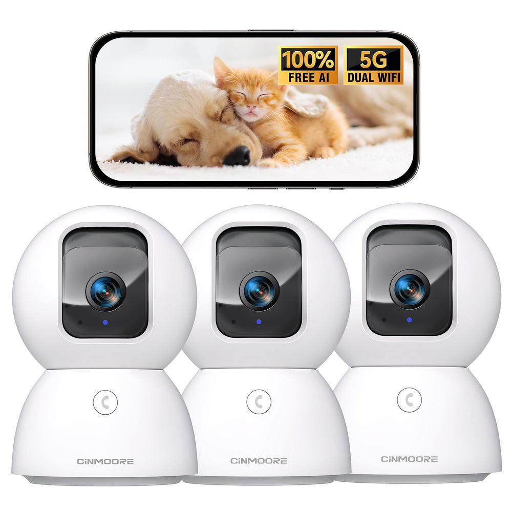 CINMOORE 5G indoor camera pack view shows crisp room coverage for family monitoring.