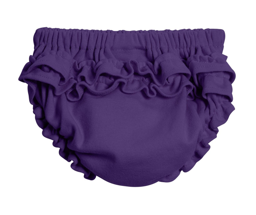 City Threads purple ruffled diaper cover for baby girls, front view, soft cotton.
