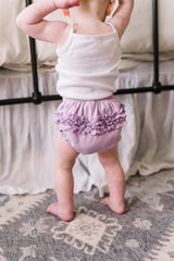 Ruffled bloomers under a dress, back view, City Threads purple 2T.