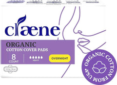 Claene organic cotton cover overnight pad with wings for secure, dry overnight protection.