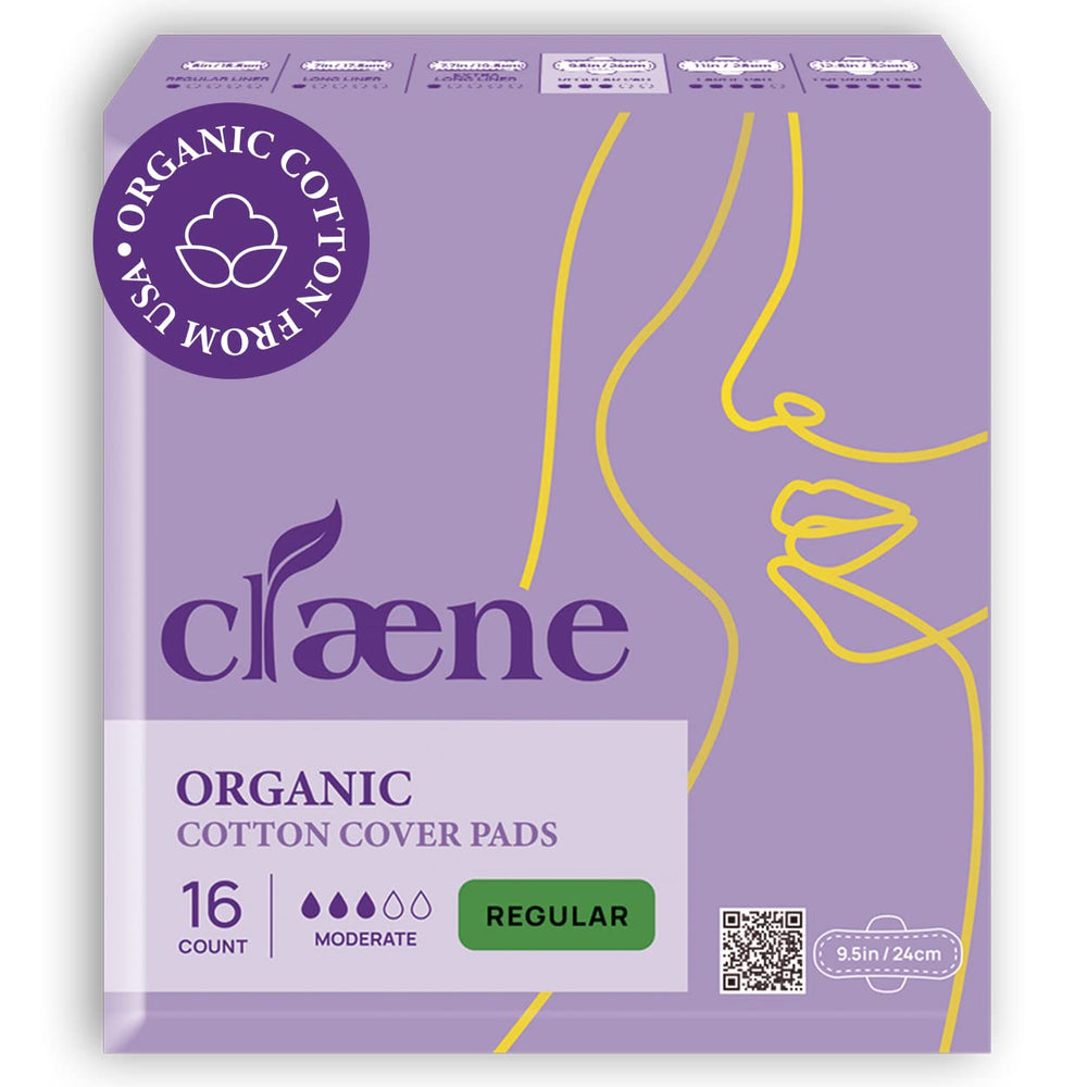 Claene regular pads pack front view with discreet, breathable organic cotton cover for daily dryness.