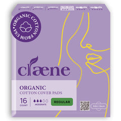Claene regular pads pack front view with discreet, breathable organic cotton cover for daily dryness.