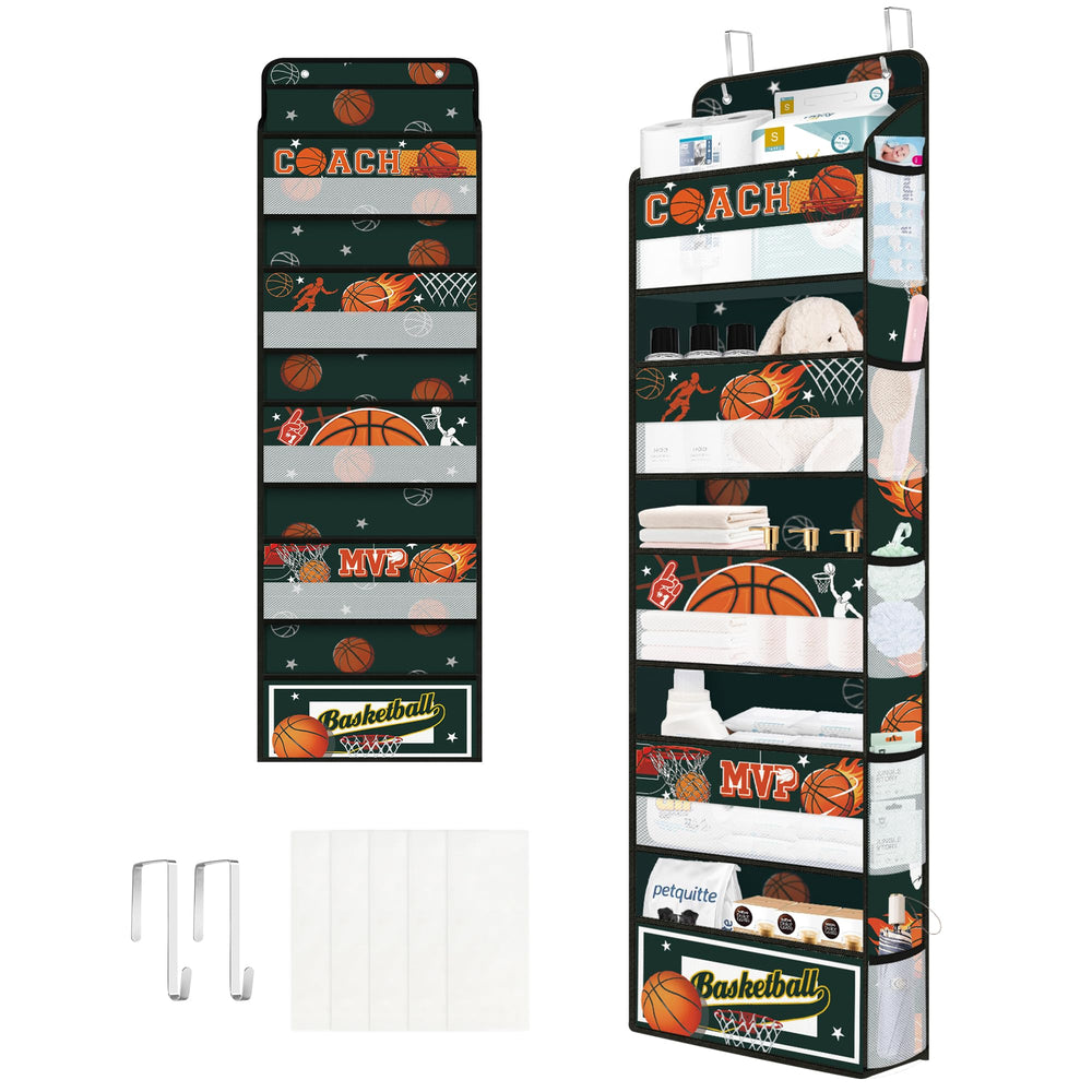 Clastyle Ball Over The Door Organizer with basketball design keeps toys neatly behind doors.