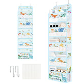 Clastyle dinosaur over-the-door organizer in blue provides five-tier toy storage behind the door.