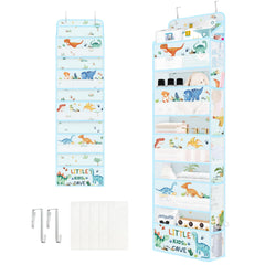 Clastyle dinosaur over-the-door organizer in blue provides five-tier toy storage behind the door.