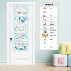 Clastyle door-hanging storage for nursery keeps clutter off the floor and available on demand.