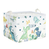 Clastyle green dinosaur shelf basket shown on a kid-friendly shelf for toy storage.