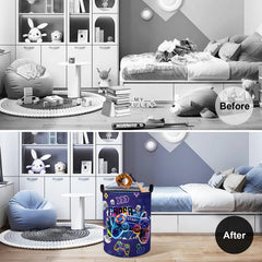 Clastyle Kids Clothes Organizer Basket keeps little outfits tidy in a bright playroom.