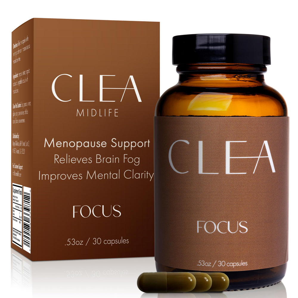 CLEA Midlife Focus bottle being poured, supporting mental clarity for midlife mornings.