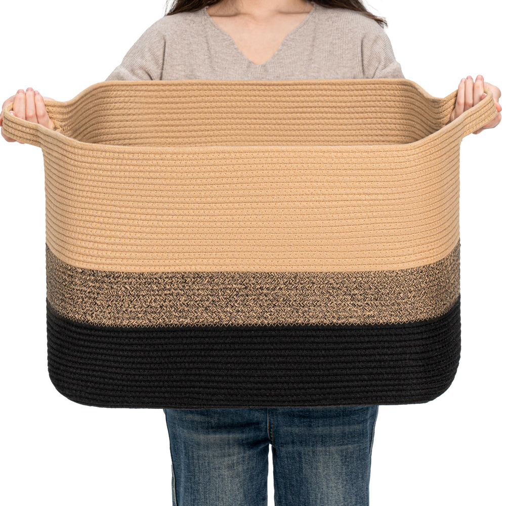 CLHMILY&Z square cotton rope storage basket in black and camel keeps toys neatly organized.
