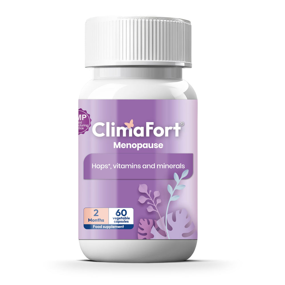 ClimaFort bottle front with capsules for natural menopause relief.