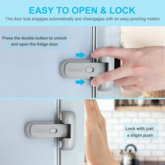 CLYMENE door lock installed on fridge demonstrates easy no-tools setup.