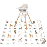 CLYMENE Splat Mat under high chair protects floors from spills during meals.