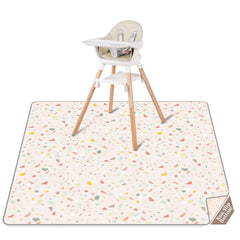 CLYMENE Splat Mat under high chair protects floors from spills and messes.