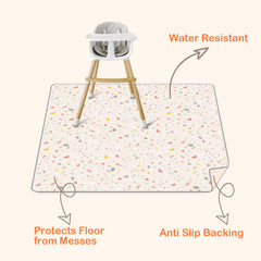 CLYMENE waterproof splat mat for quick wipe-clean cleanup after meals.