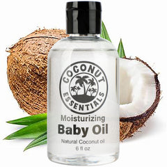 Coconut Essentials Baby Oil bottle—unscented, gentle hydration for delicate baby skin.
