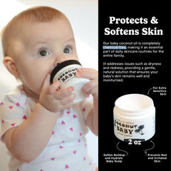 Bottle of Coconut Essentials baby oil highlighting newborn hair growth and gentle scalp care