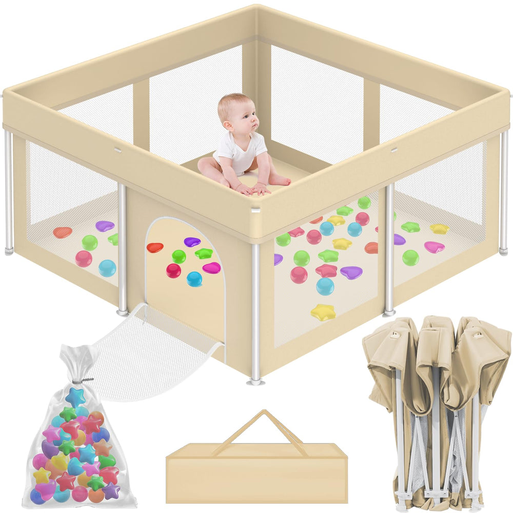 Coilace foldable playpen 50-inch beige setup for a safe baby play area