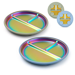 Coinicxcel rainbow-coated stainless steel toddler plate in blue and green boosts visual appeal at mealtime