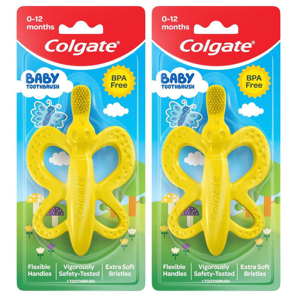 Colgate Baby Toothbrush and Teether with soft silicone bristles eases teething.