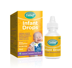 Colief Infant Drops bottle dispensing drops for easy lactose digestion.