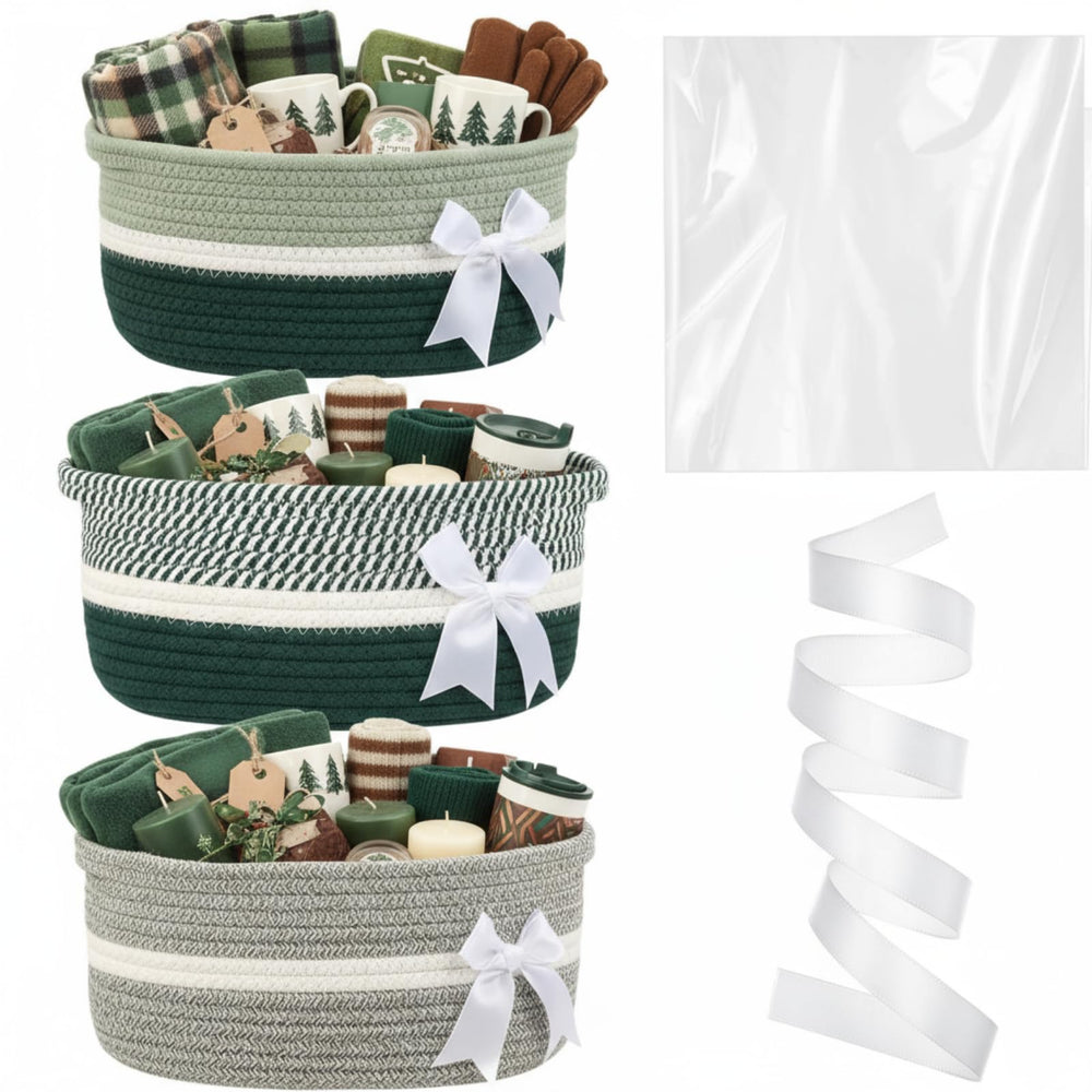Colingmill green bow woven basket with handles ready for gift presentation.