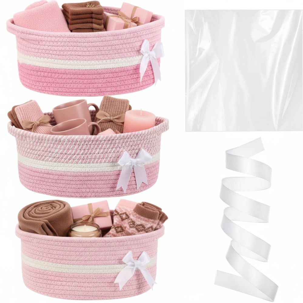 Colingmill pink bow woven basket showing 12x8x5 inch size for gifts.