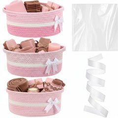 Colingmill pink bow woven basket showing 12x8x5 inch size for gifts.