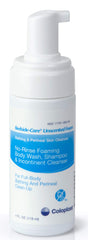 Coloplast Bedside-Care Foam bottle pour demonstrates gentle, unscented cleansing for sensitive skin.