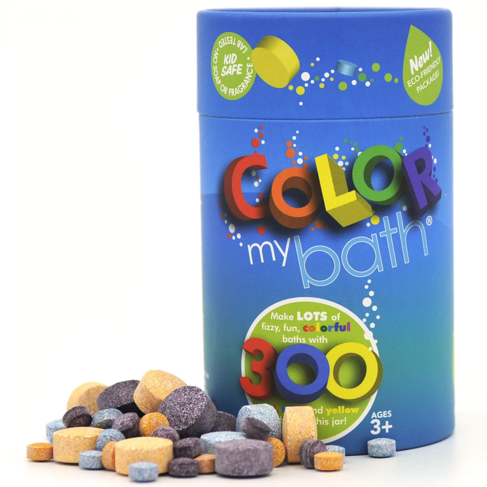Color My Bath bath color tablets in a 300-count jar for kid-friendly color baths.
