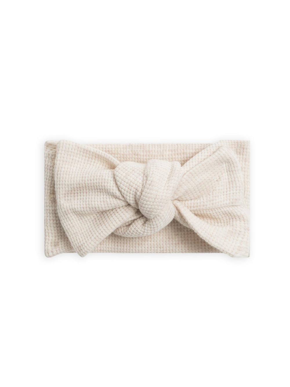 Colored Organics Hattie Bow Wrap Headband in Heather Oat Waffle, soft and adjustable for babies.