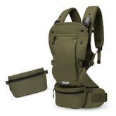 Colugo olive baby carrier, front view, ergonomic support for parent and baby.
