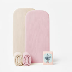 Comforista muslin bassinet sheets 33x17 pink beige front view with snug fit.