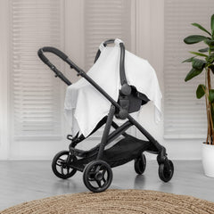 Comfy Cubs car seat cover full canopy demonstrates sun and bug protection.
