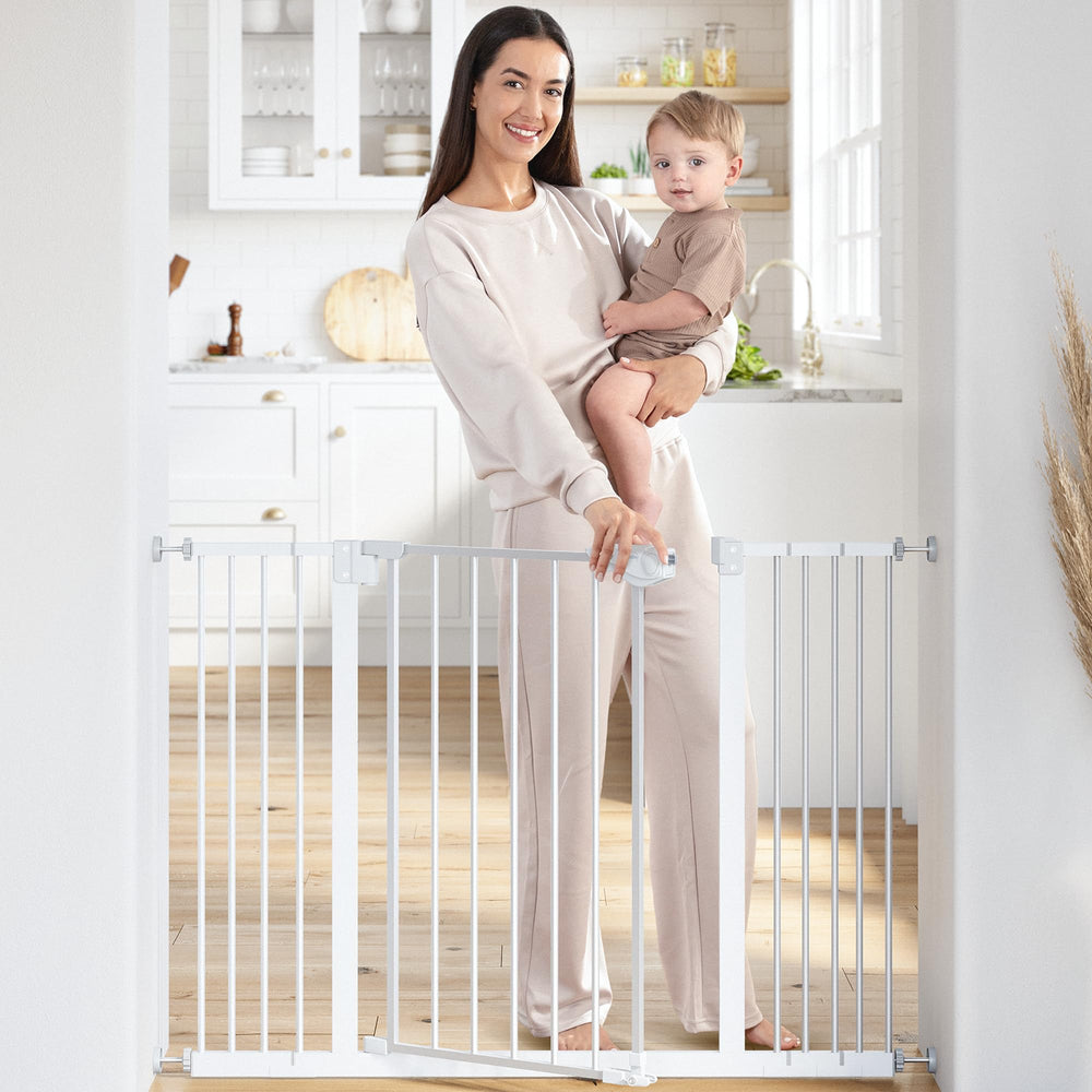 Comfy Cubs baby safety gate with extensions for a customizable fit.