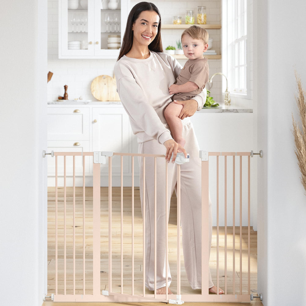 Comfy Cubs safety gate with extensions secures a doorway for flexible safety.